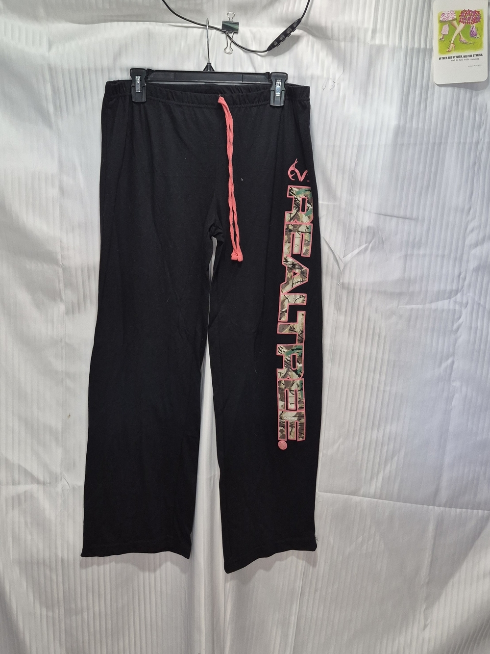 Realtree Black Joggers with Pink Camo Logo and Pink Drawstring Size Large